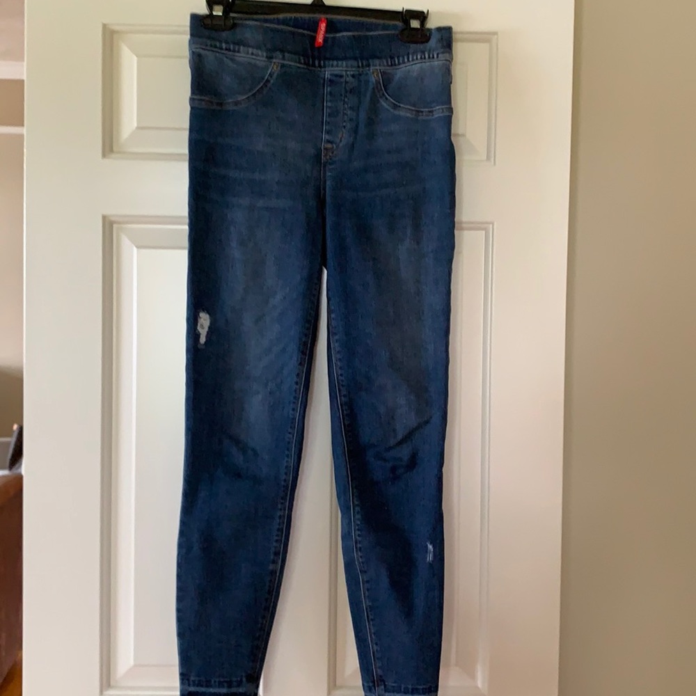 Spanx distressed skinny leg blue jeans